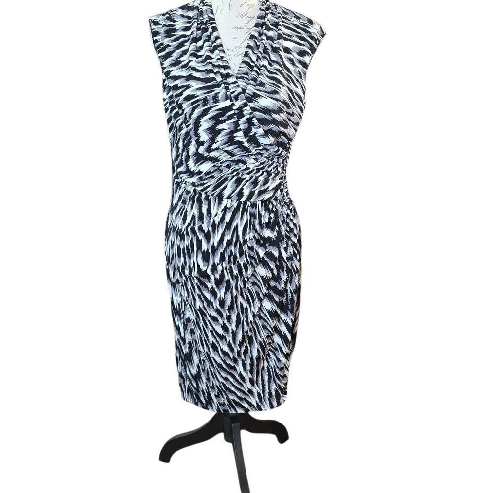 Nine West Women's Size 8 Black White Gray Surplice Wrap Style Midi Sheath Dress